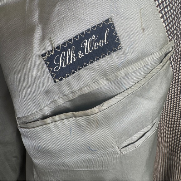 Ermenegildo Zegna Silk Wool Blazer Suit Jacket Tan Black Houndstooth 46R Flaws - Picture 8 of 16